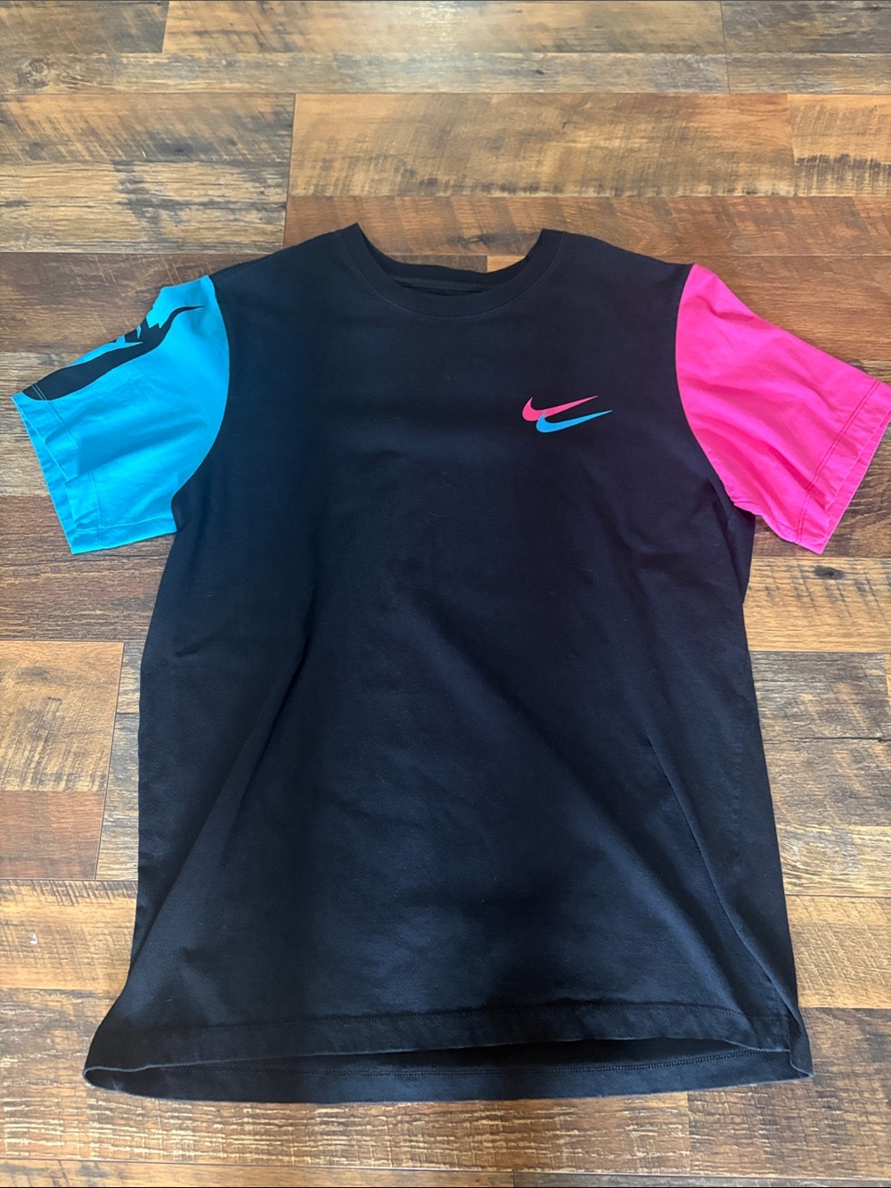 Nike Black Tee with Pink & Teal Swoosh and Colorblock Sleeves